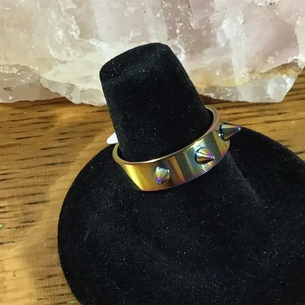 Gold Rainbow Stainless Steel Triple Spike Band Ring